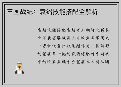 三国战纪：袁绍技能搭配全解析