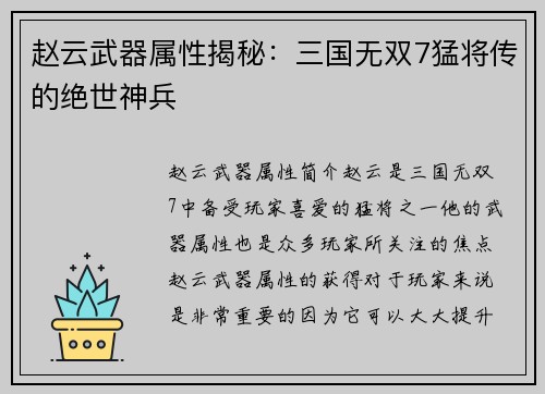 赵云武器属性揭秘：三国无双7猛将传的绝世神兵