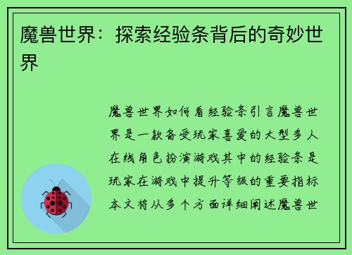 魔兽世界：探索经验条背后的奇妙世界